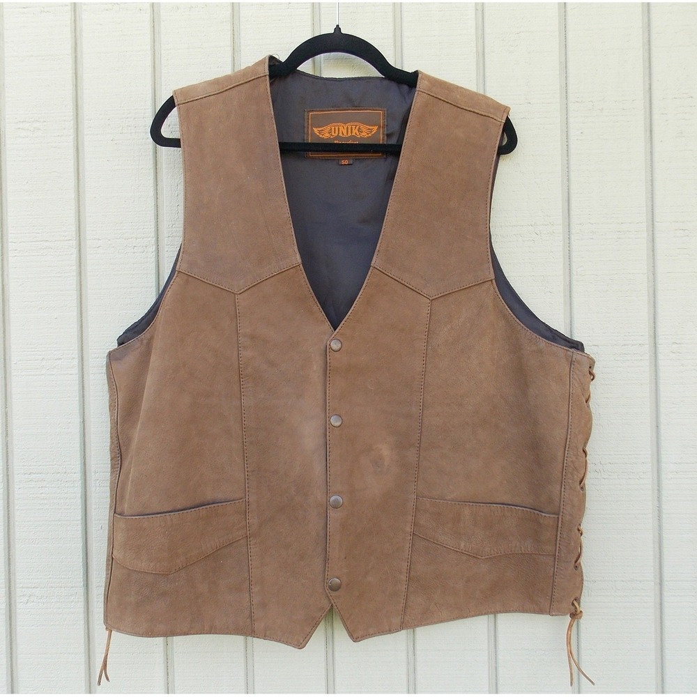 Unik Leather Biker Vest Side Lace Snap Front Motorcycle Mens Size 50 Brown